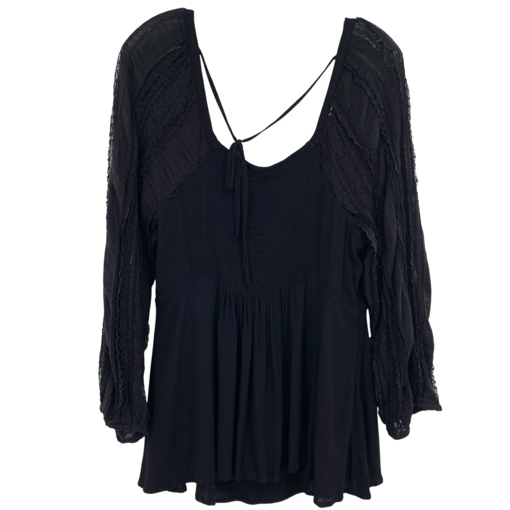 Torrid Black Tie Front Peplum Blouse Gauze Lace Sleeve - Picture 8 of 11